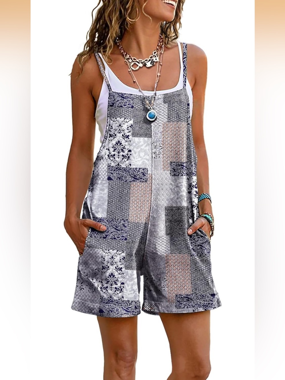 EU YESNO Patchwork Print Shorts Jumpsuit Romper